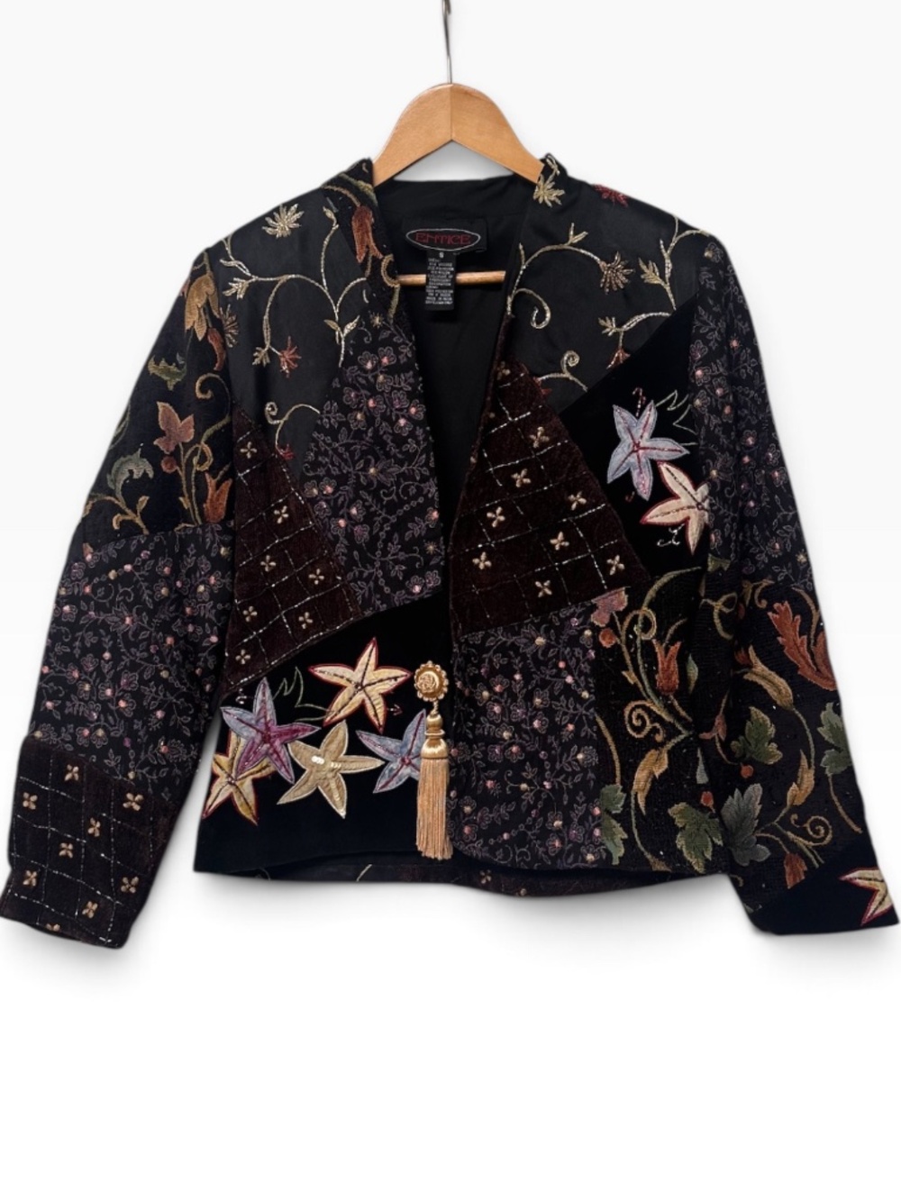 VTG Entice Embroidered Velvet Patchwork Open Front Jacket | Tassel Accent